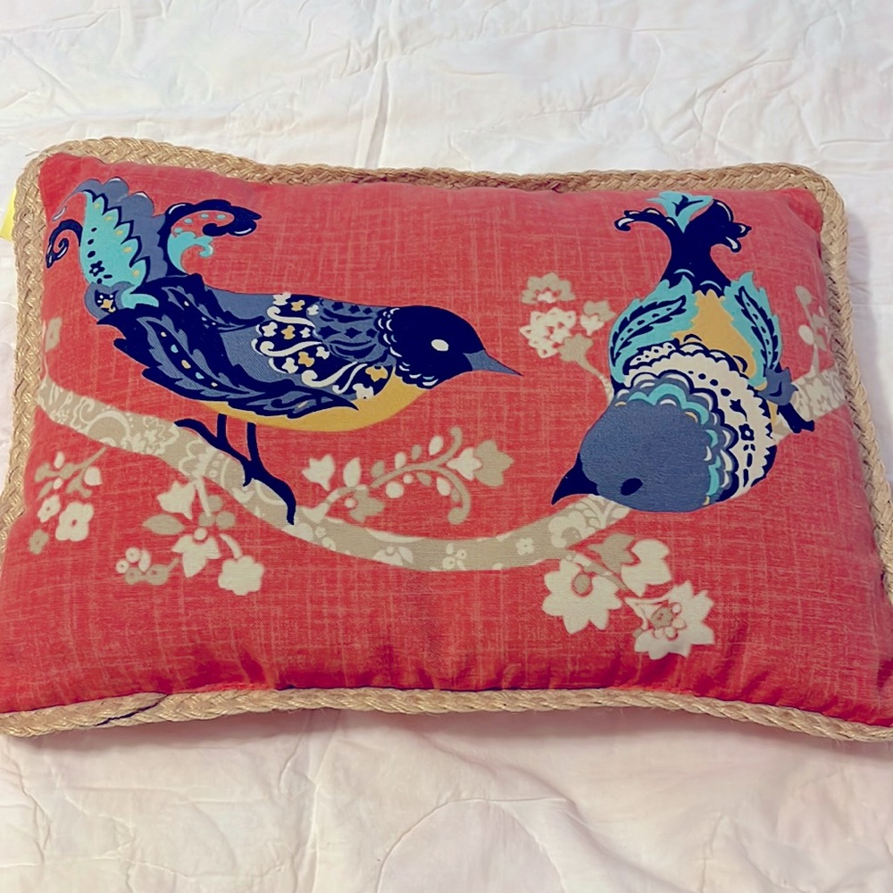Coral Bird Throw Pillow with Straw Border. 14x19